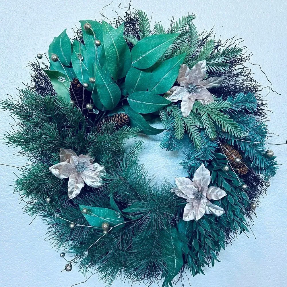 Christmas Greenery Champagne Poinsettia Beaded Berry Stems Holiday Wreath